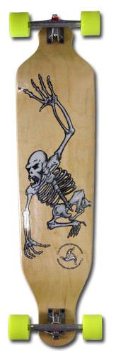 a skateboard decorated with skulls riding on waves