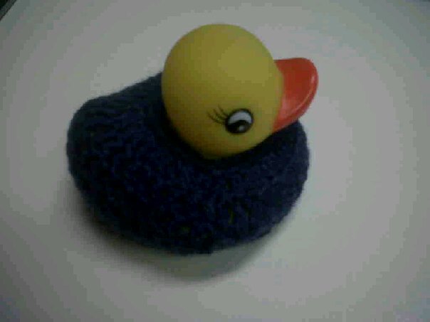 a yellow rubber ducky sitting on top of blue wool