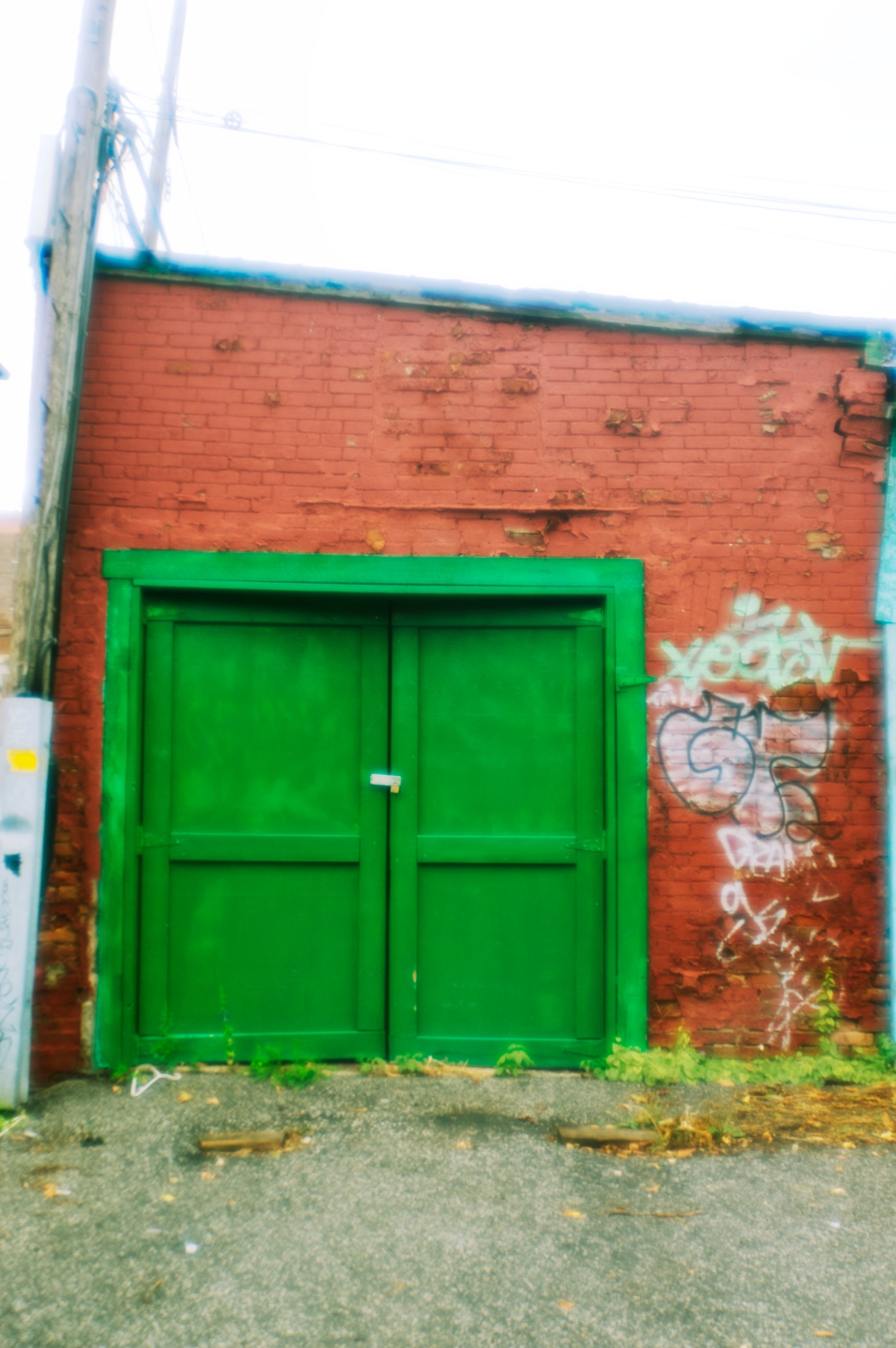 a wall with a red brick and green doors