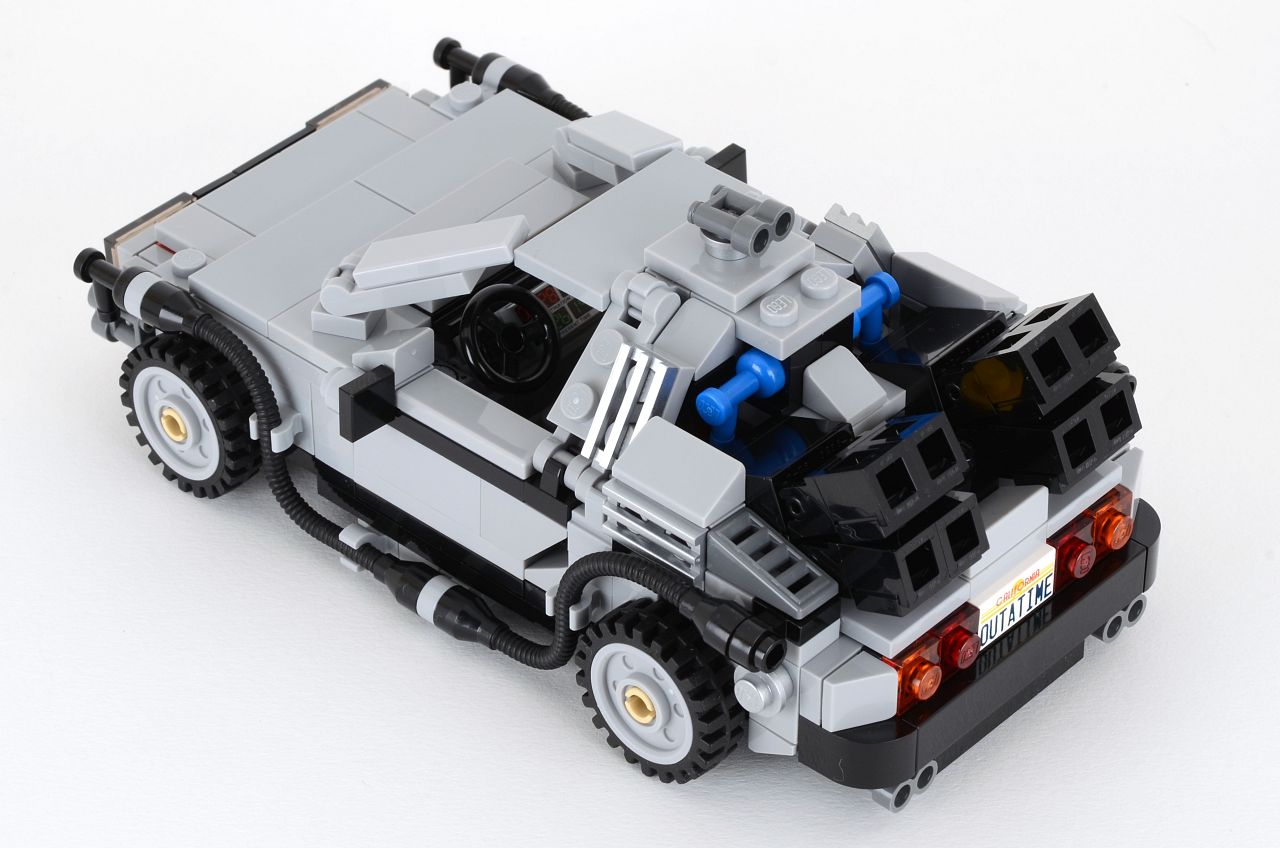 the back of a lego car on a white surface