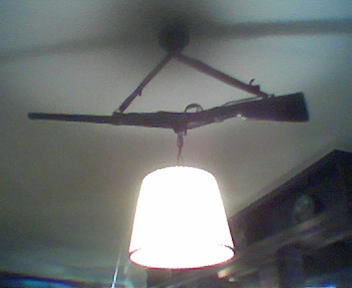 a light fixture hangs from the ceiling