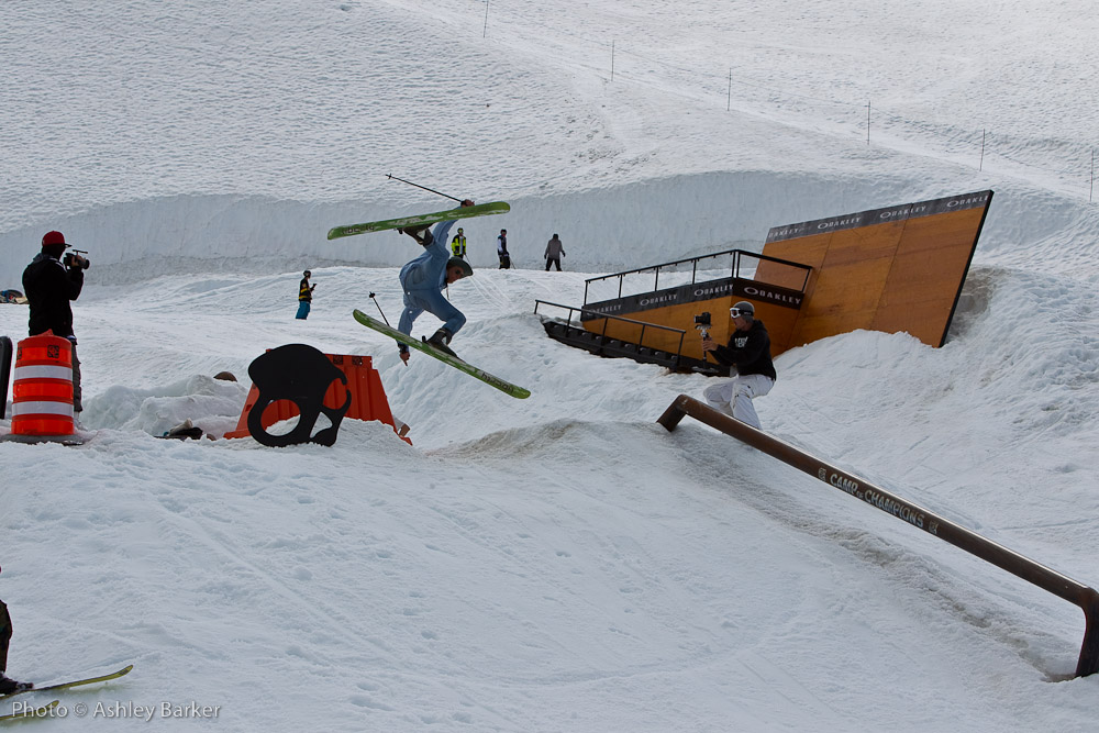 a group of skiers in an obstacle course at a ski resort