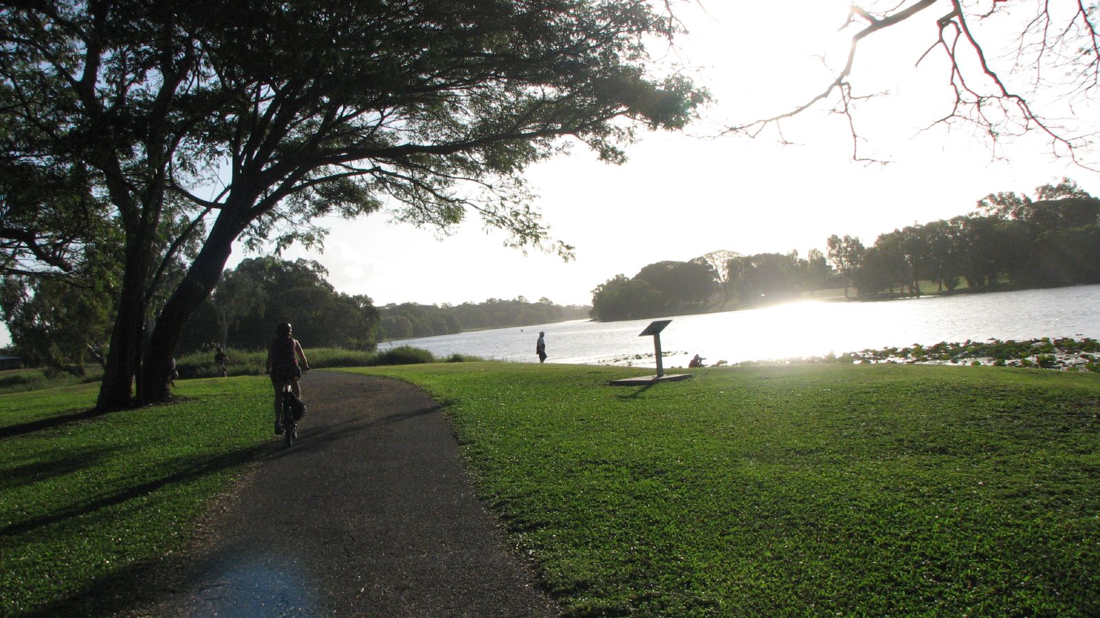 a couple of people riding bikes down a path by a lake