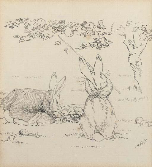 two rabbits eating out of a bowl in the shade
