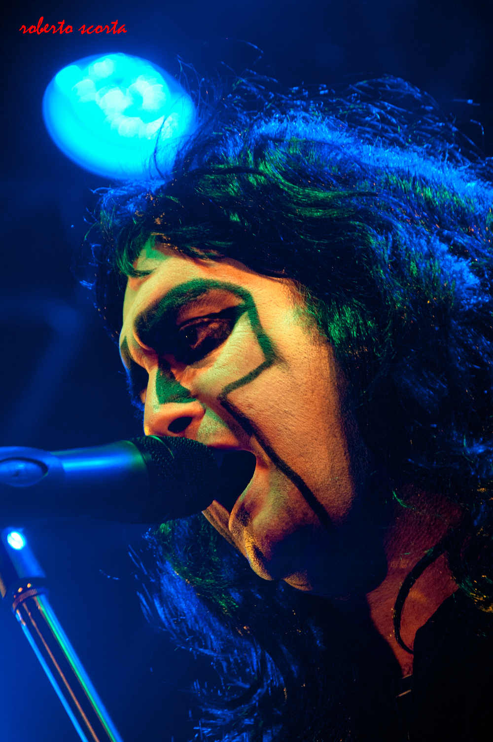 a young man in a black and green makeup looks at the camera