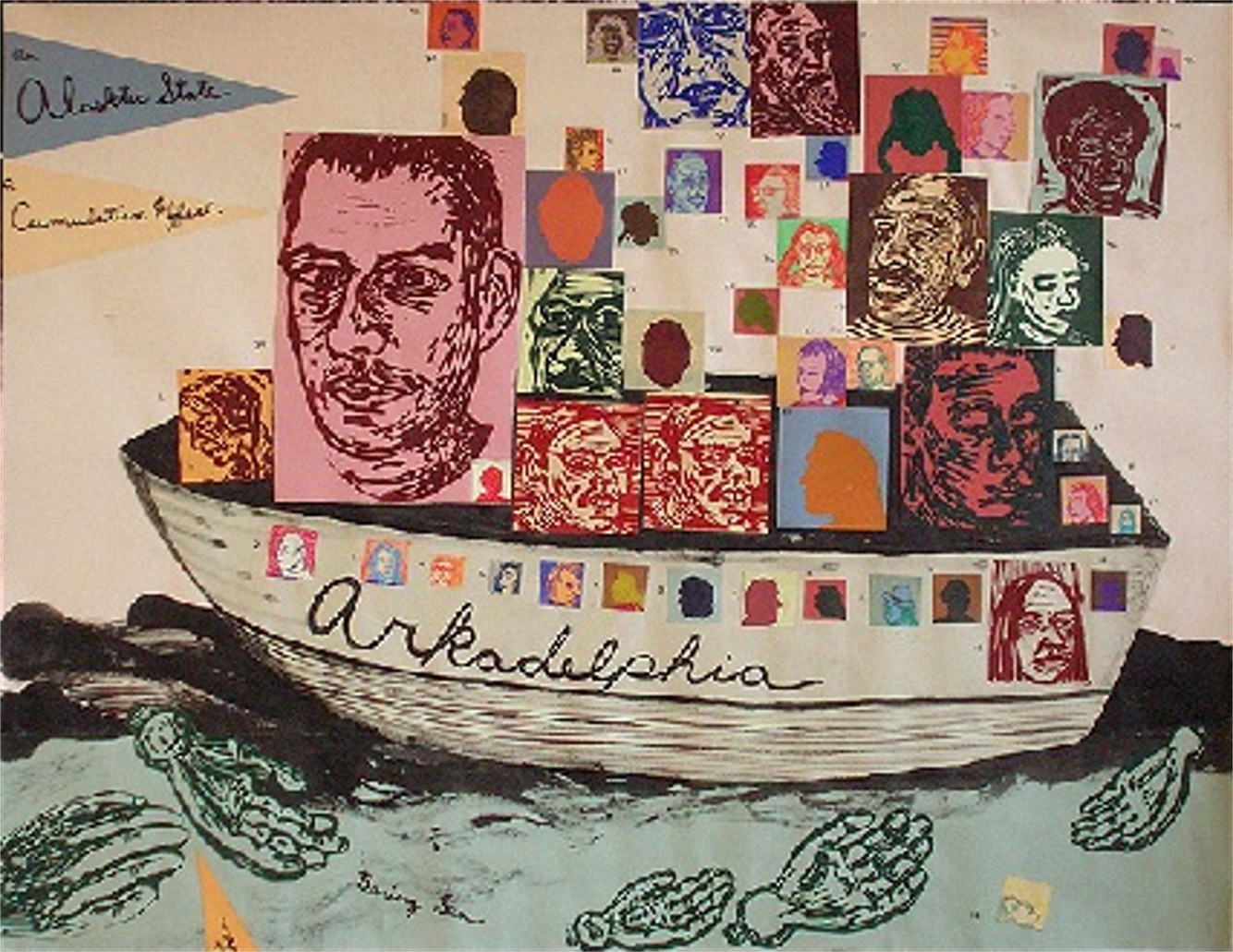 some paintings depicting a boat with many pictures and names on it