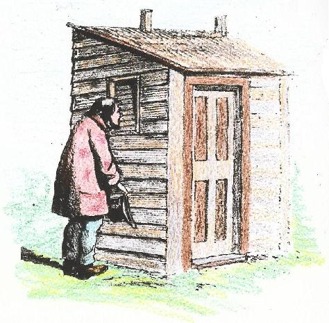 a person in front of a shack holding a bucket