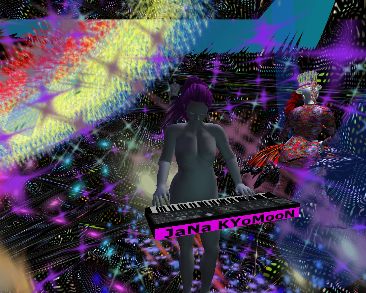an animated computer generated image of a woman playing piano in front of a brightly colored background