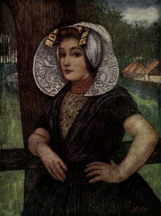 a painting of a woman leaning against a fence with a tree in the background
