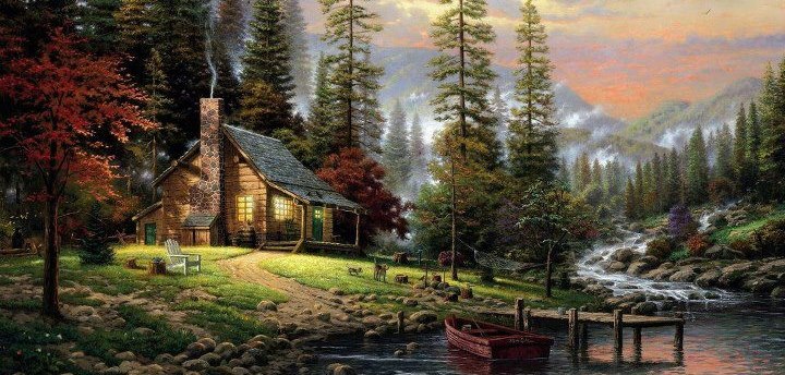 a painting of a cabin by the water