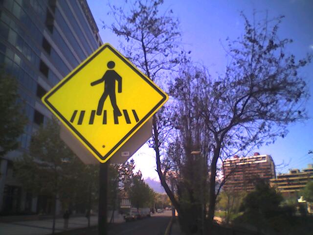 a street sign showing pedestrian crossing ahead in the city