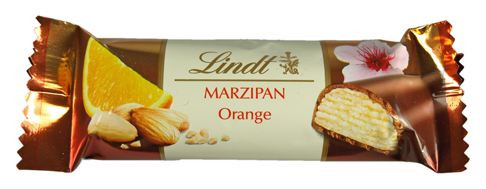 the bag of marzipan orange is sitting on a table