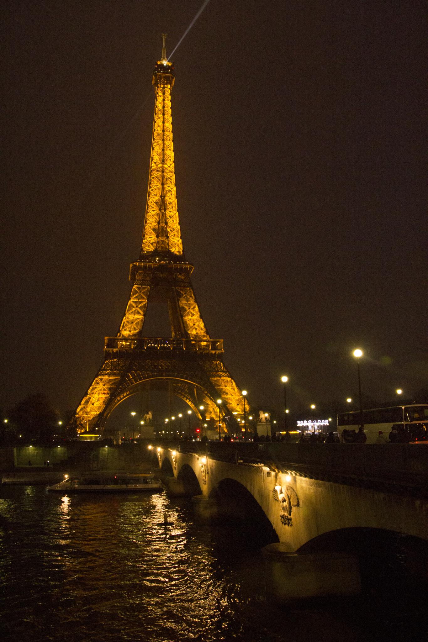 the lights of the eiffel tower are all lit up