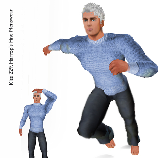 an animated man in blue clothing is looking at soing