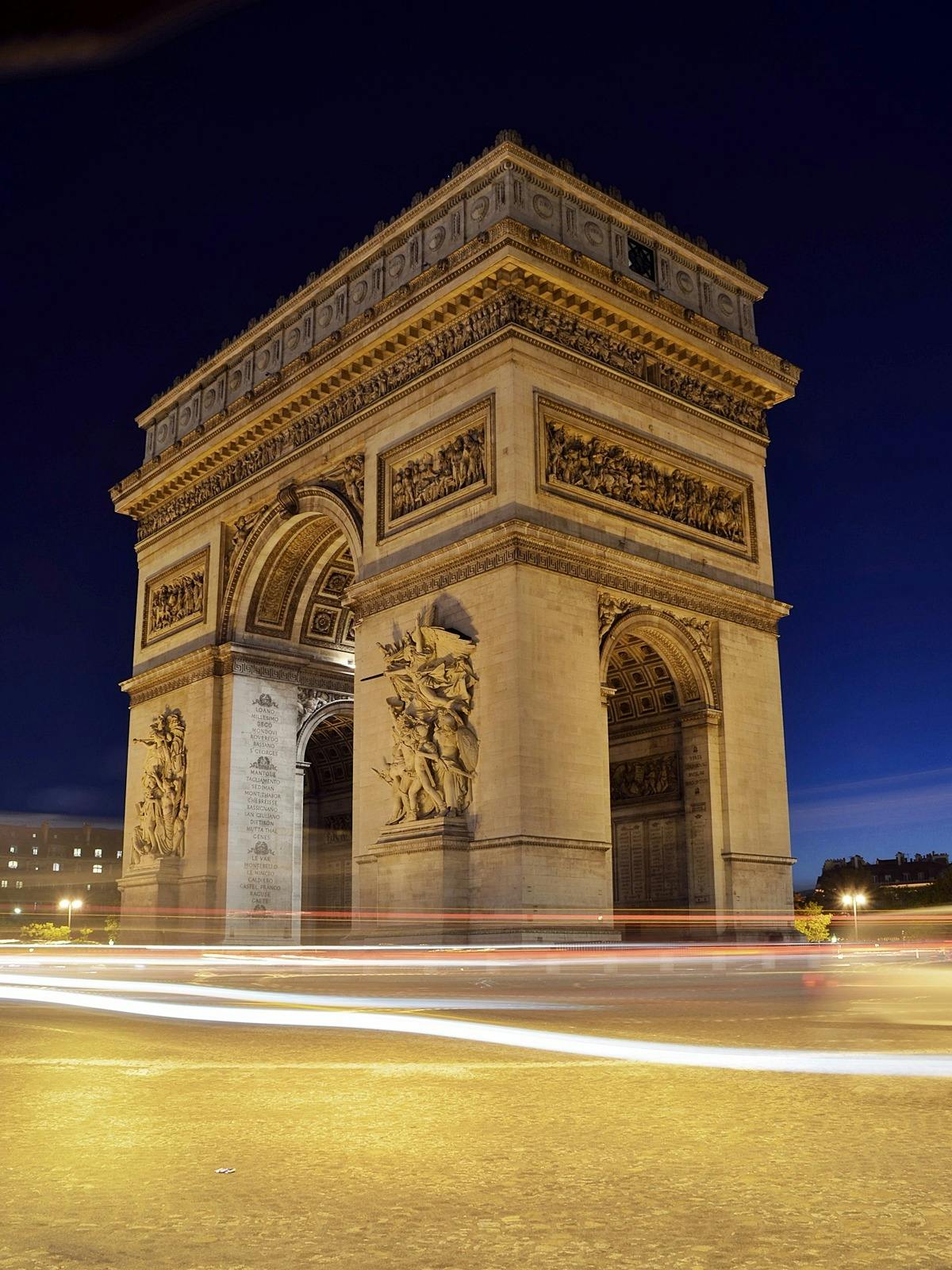 the arc de trio triumph in paris at night, pexels contest winner, renaissance, profile image, square, entrance, vivid)