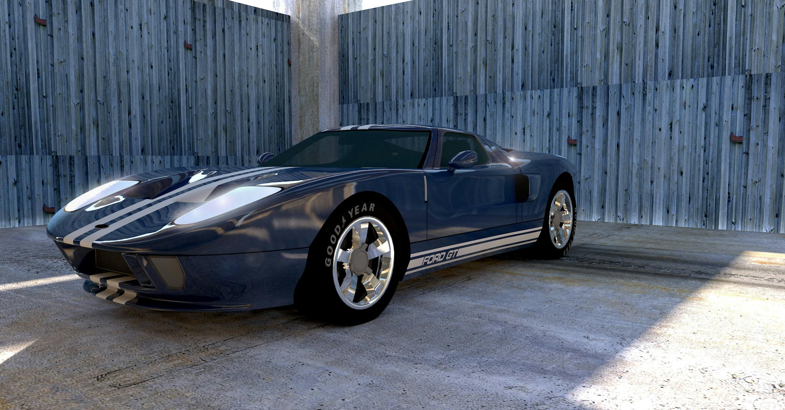 a blue sports car parked in a garage, photorealism, ((raytracing)), gt40, nvidia raytracing demo))