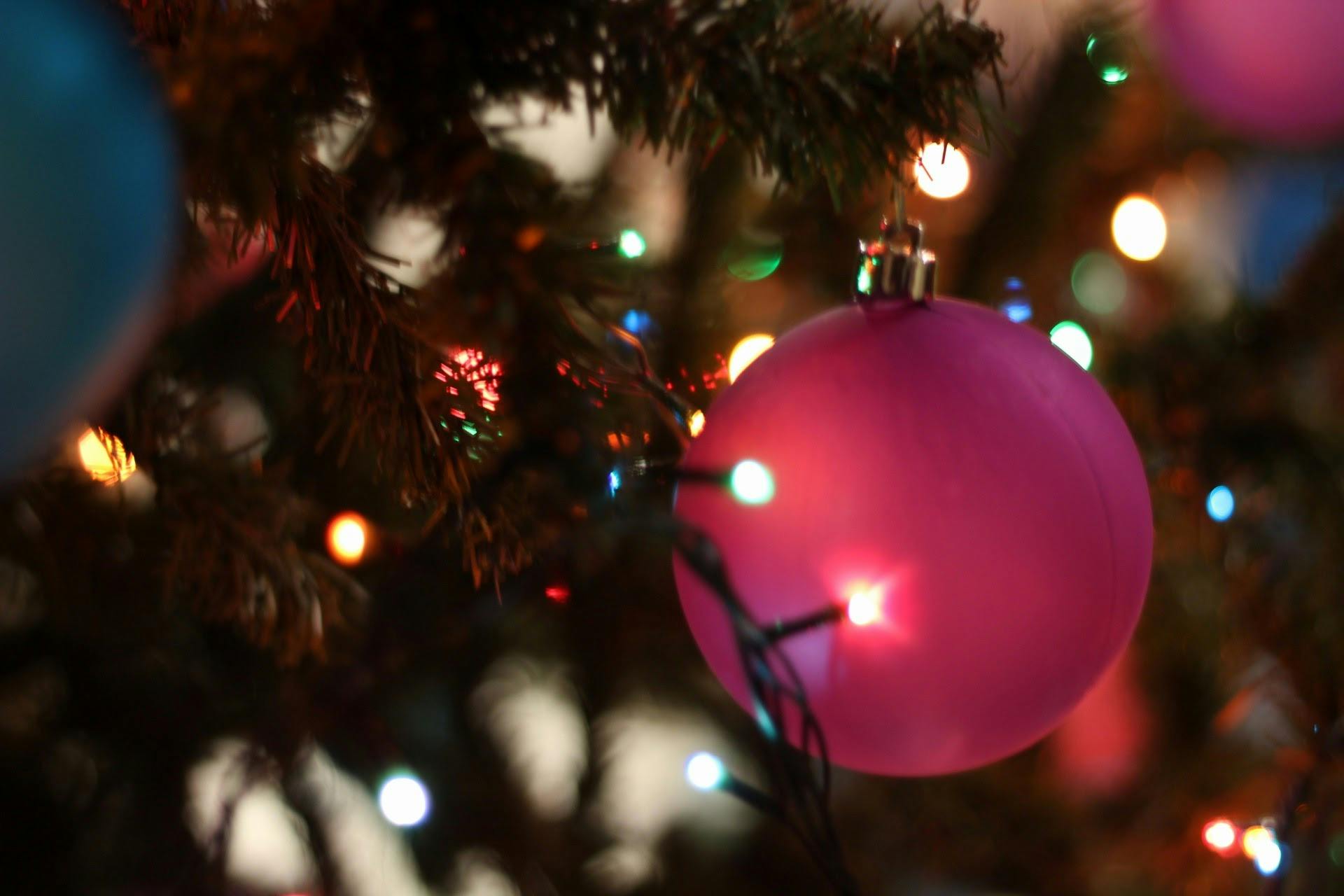 a pink ornament hanging from a christmas tree, pexels, happening, rim lights purple and green, thumbnail, shot on sony a 7, blank