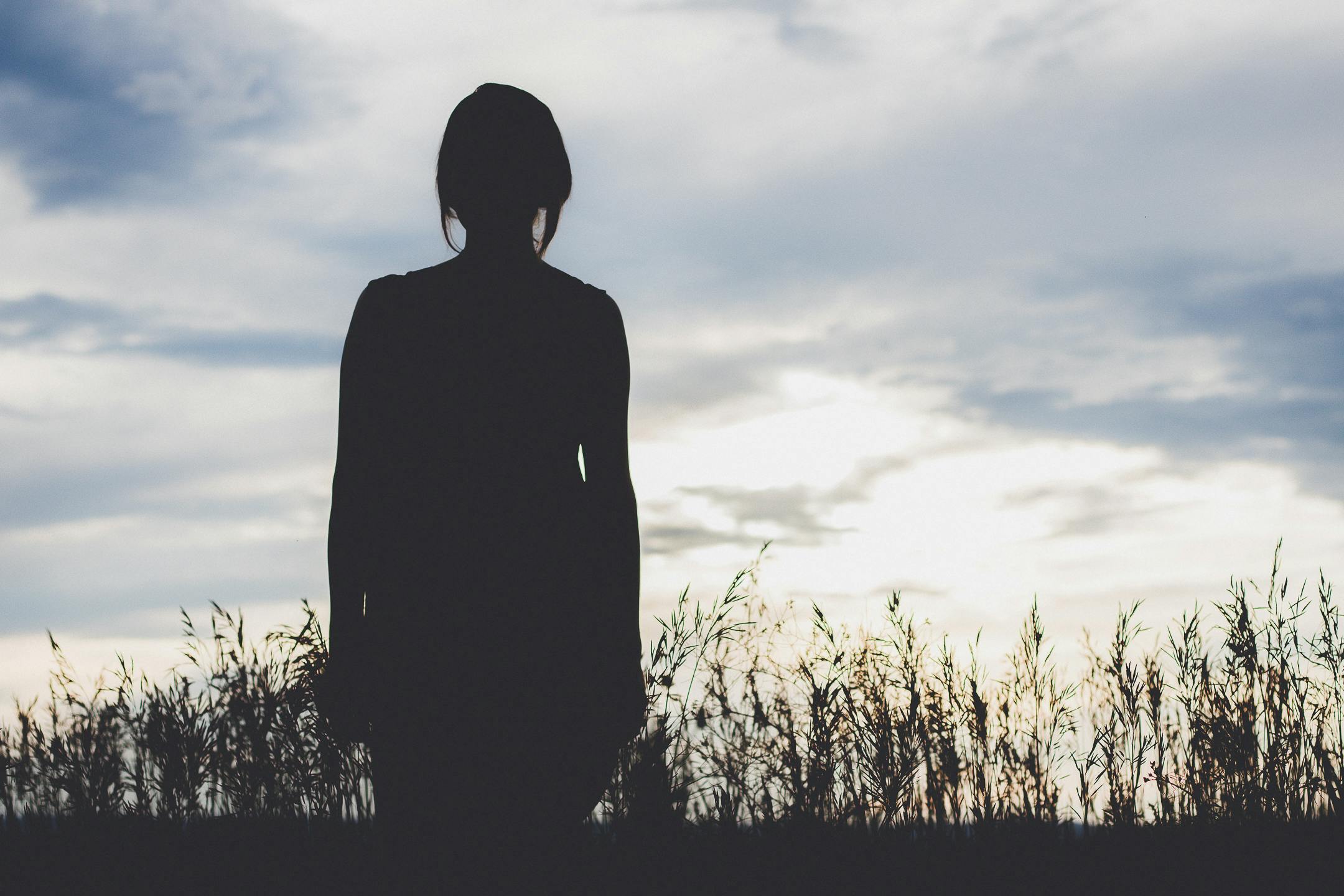 a silhouette of a person standing in a field, by Caro Niederer, unsplash, a portrait of a suicidal girl, various posed, blank, mourning
