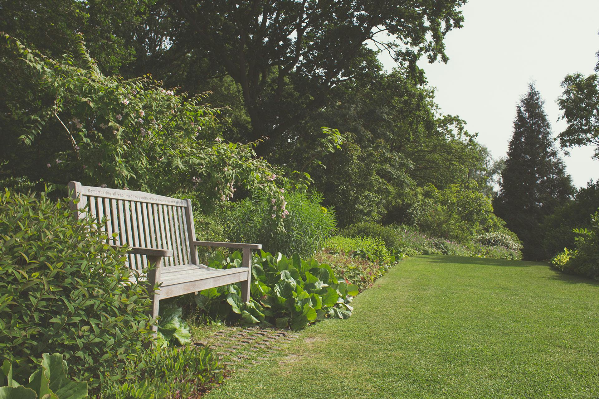 a wooden bench sitting on top of a lush green field, inspired by Jane Nasmyth, pexels, visual art, exterior botanical garden, grey, soft shade, over the shoulder