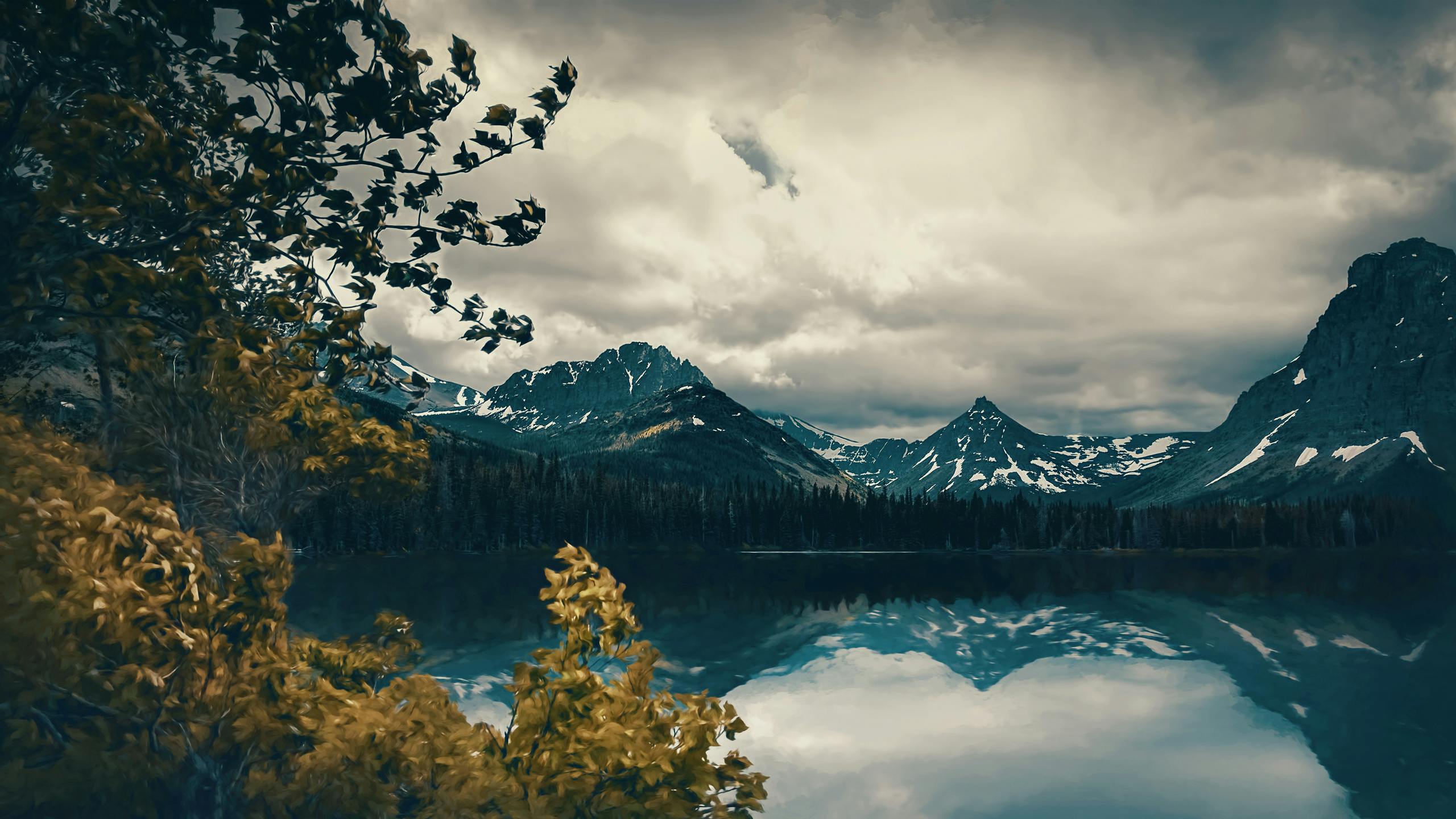 a lake surrounded by mountains under a cloudy sky, inspired by Elsa Bleda, unsplash contest winner, hurufiyya, trees reflecting on the lake, two mountains in background, with instagram filters, carson ellis