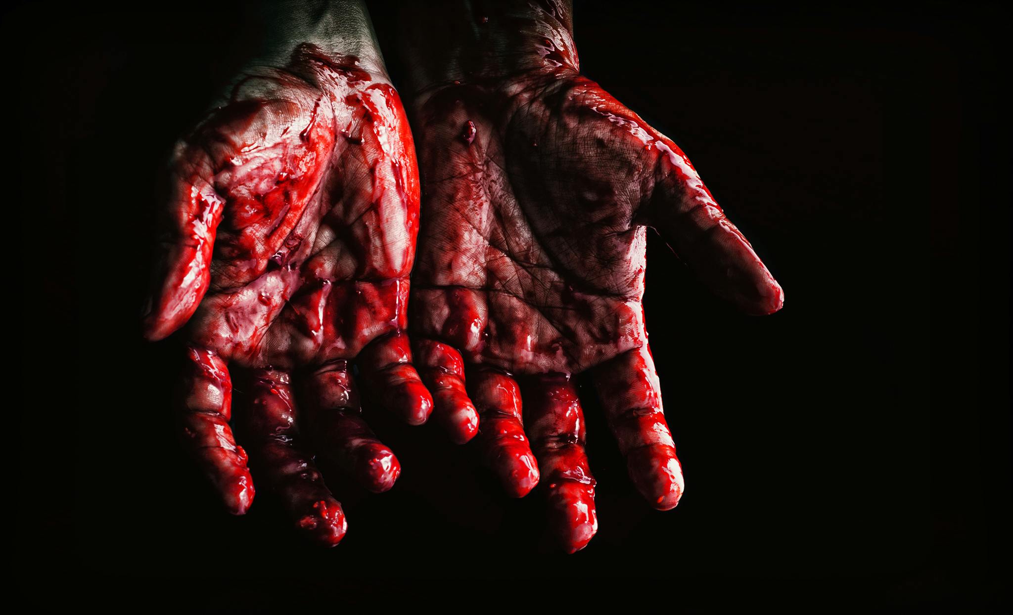 a close up of a person's hands covered in blood, an album cover, pexels contest winner, hyperrealism, dark, let's get dangerous, cracked, on a dark background