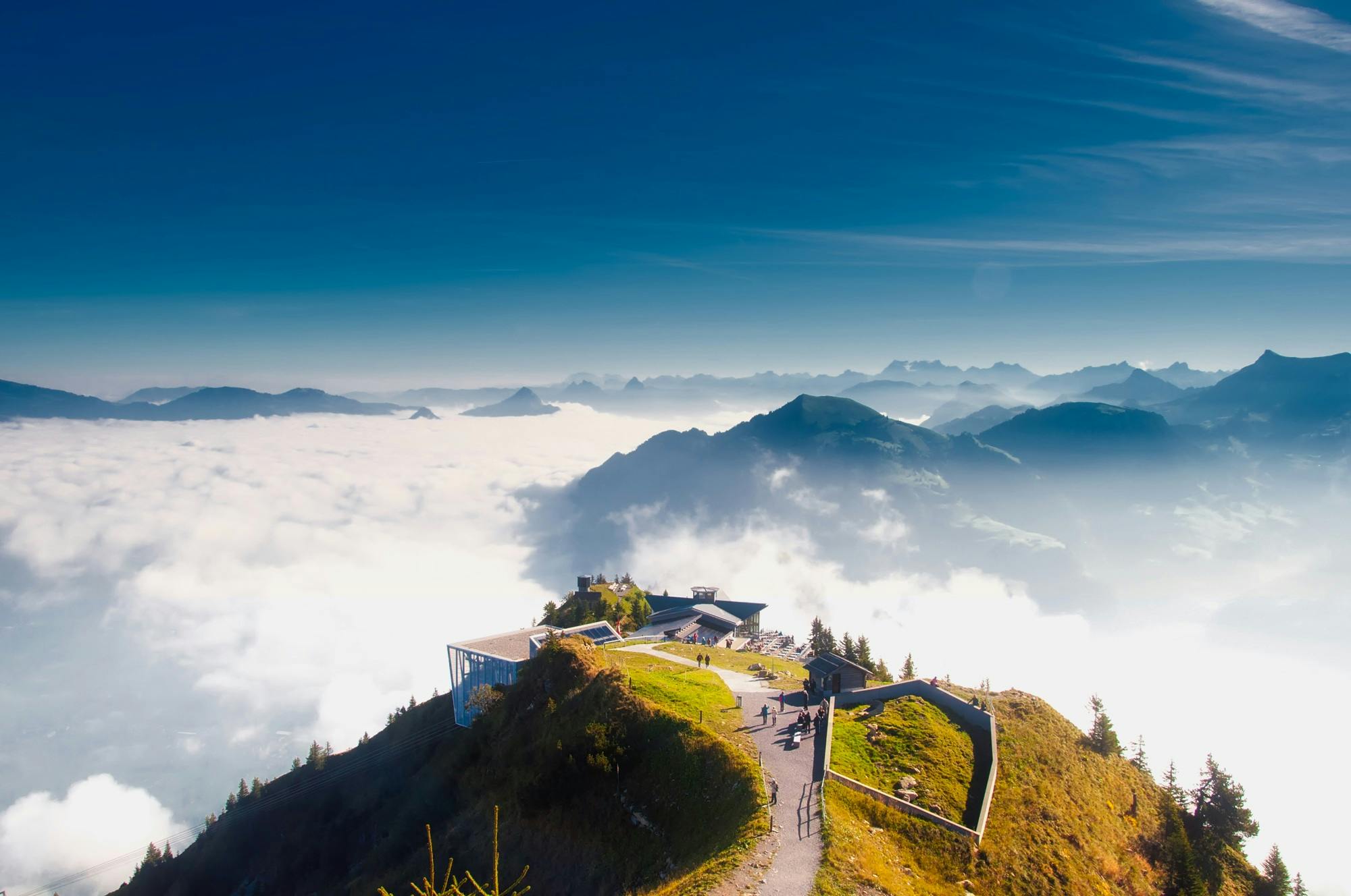 a group of people standing on top of a mountain, by Niko Henrichon, pexels contest winner, renaissance, cafe in the clouds, avatar image, sunny summer day, thumbnail