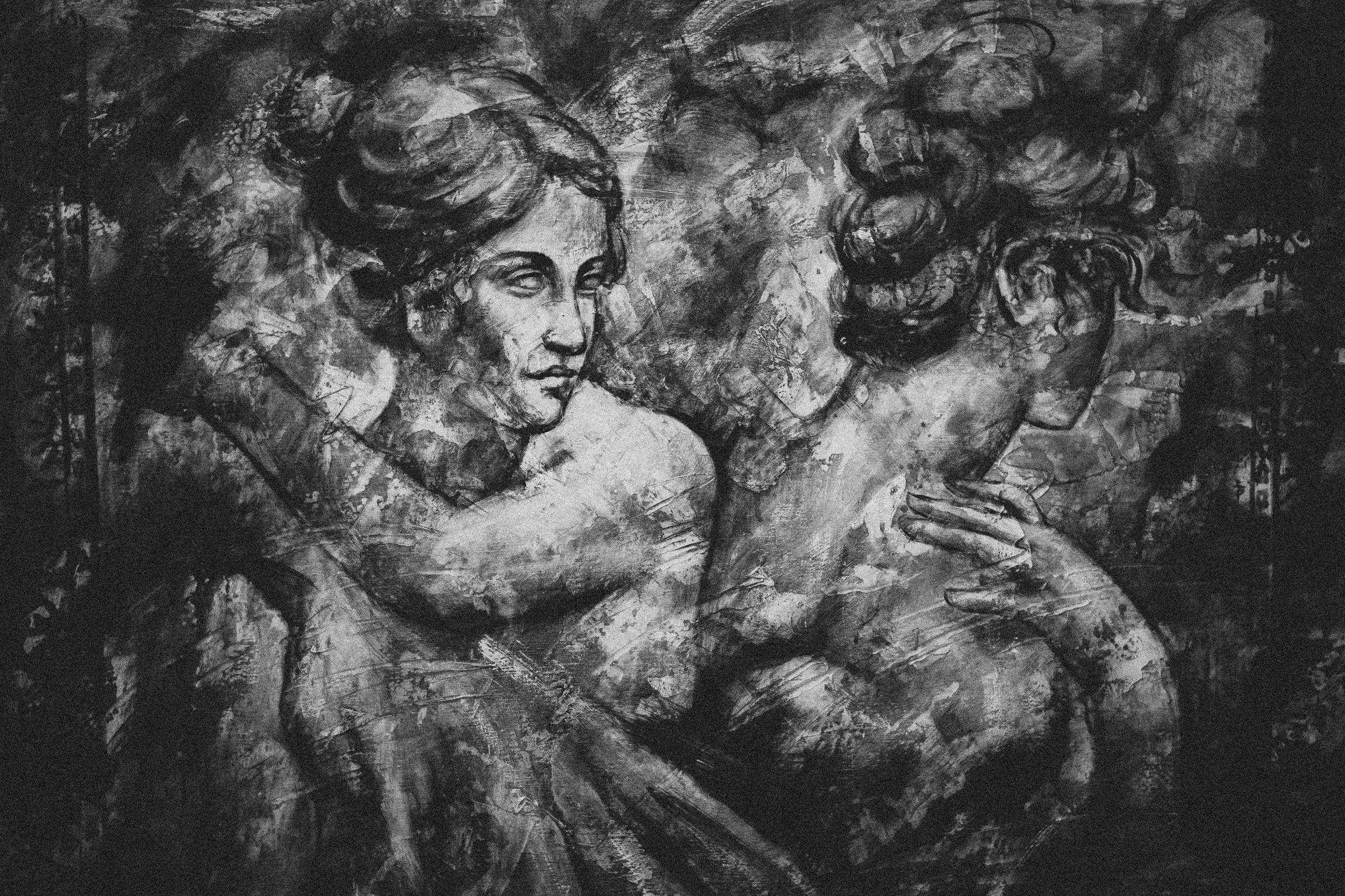 a black and white drawing of two women, a charcoal drawing, inspired by Ludovico Carracci, pixabay, oil paint impasto reliefs, grungy; oil on canvas, olga buzova, mythological painting