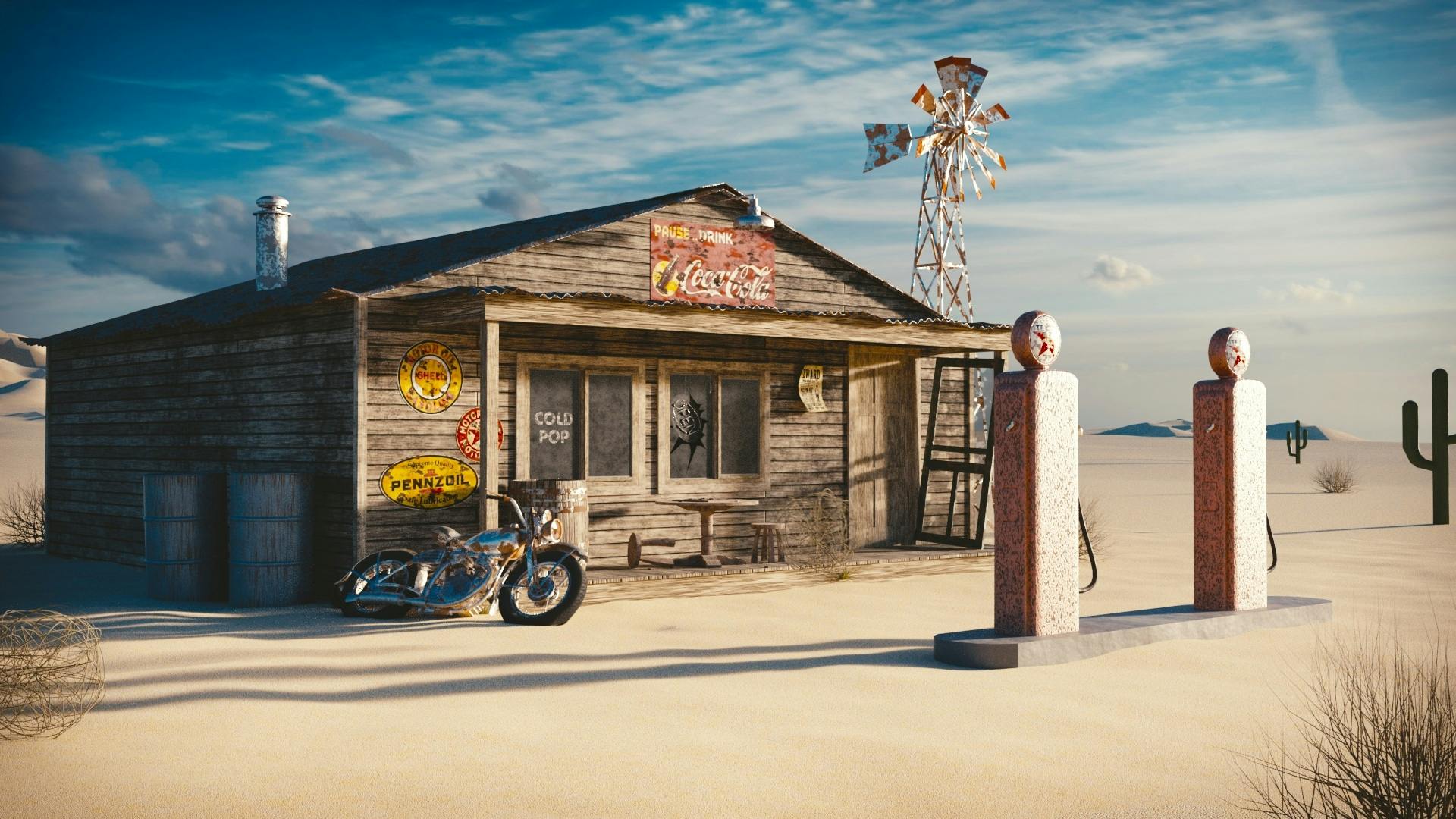 a motorcycle parked in front of a wooden building, an airbrush painting, by Lee Loughridge, pexels contest winner, gas station, victorian arcs of sand, 3d models, rural wastelands