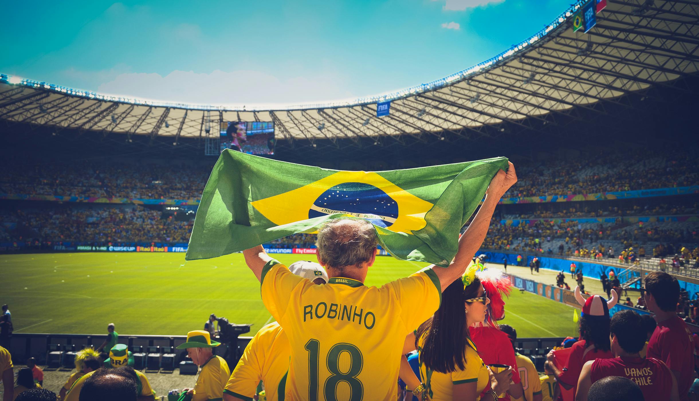 a man holding a brazil flag at a soccer game, pexels contest winner, renaissance, avatar image, square, rokoko, very sunny