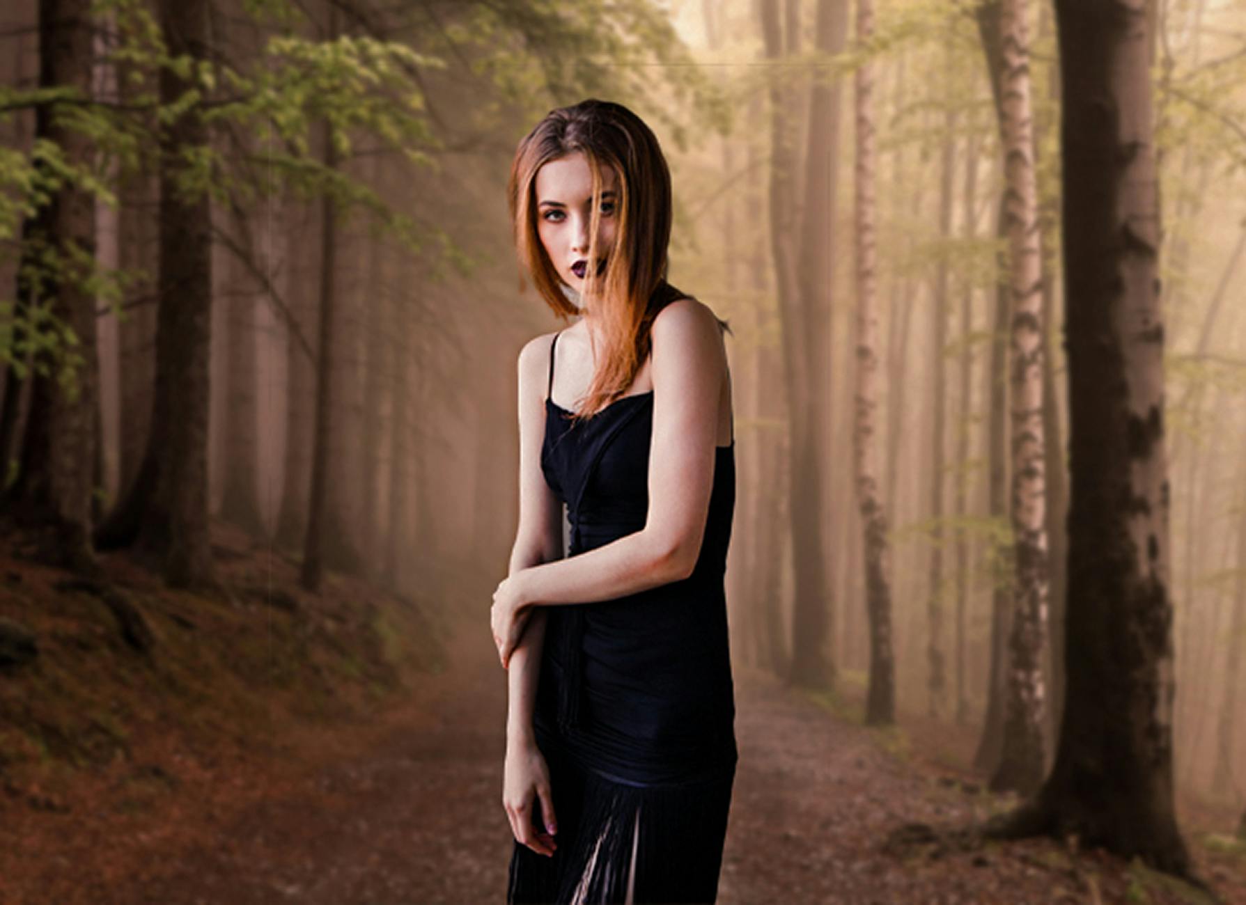 a woman standing in the middle of a forest, an album cover, pexels contest winner, renaissance, wearing black camisole outfit, soft portrait shot 8 k, scary look, attractive girl