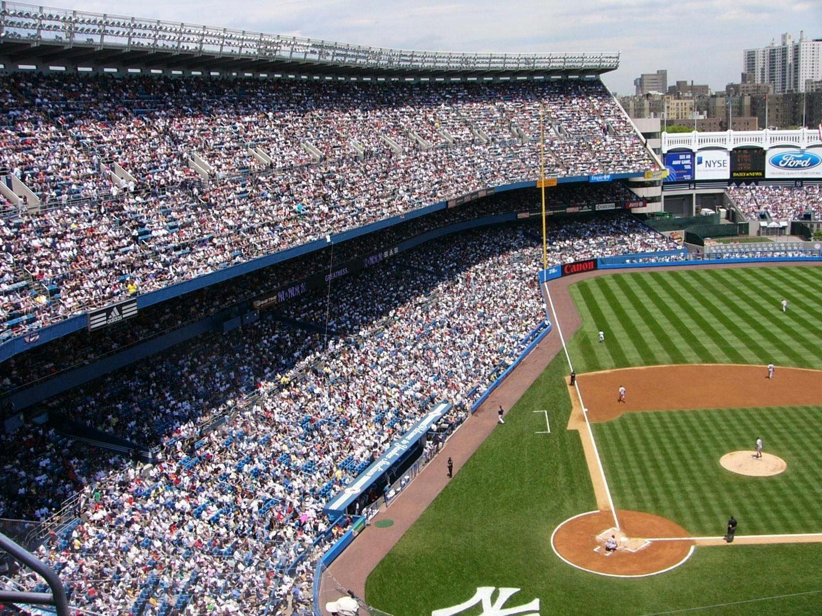 a baseball stadium filled with lots of people, a picture, by Douglas Shuler, pexels, new york background, perfect spring day with, jets, screensaver