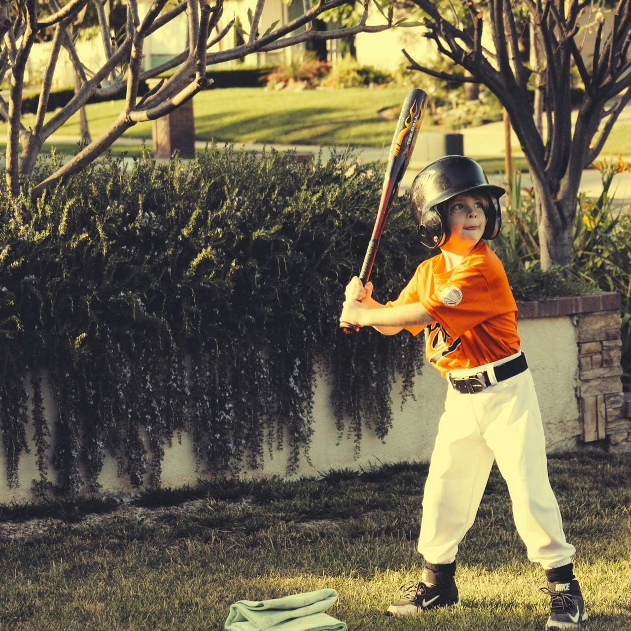 a young boy holding a baseball bat on top of a lush green field, a colorized photo, pexels contest winner, in orange clothes) fight, costume, jock, orange gi