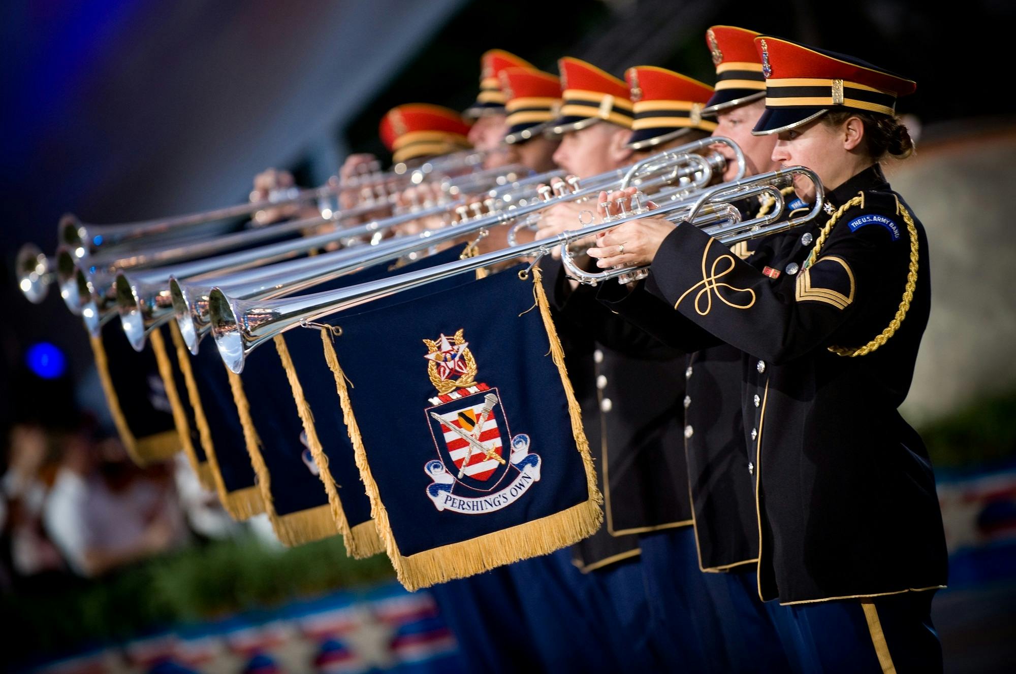 a group of people in uniform playing musical instruments, profile image, hd award-winning photo, anthony moravian, eye level shot