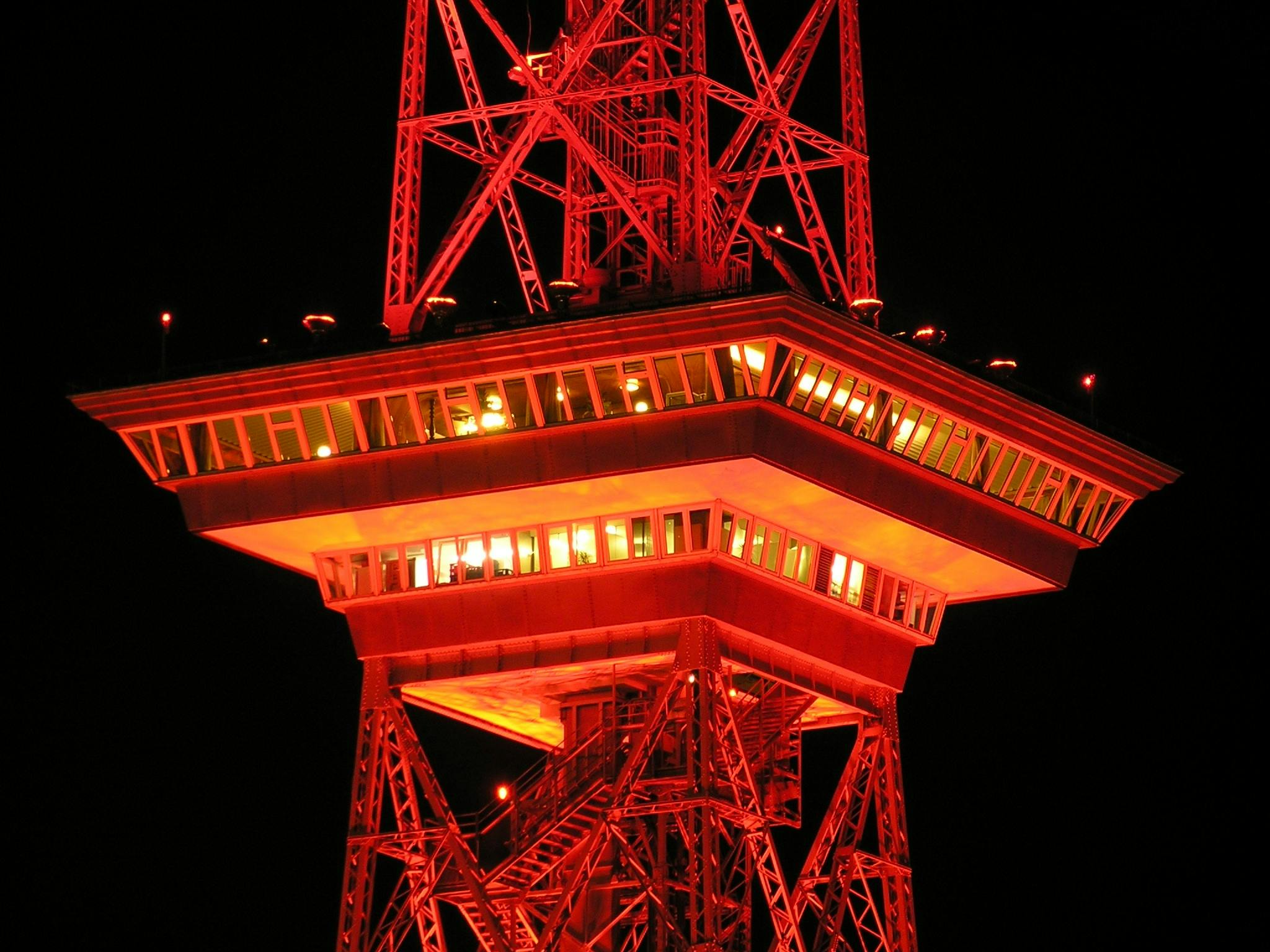 a very tall tower lit up at night, flickr, bright red, square, shonen, radio telescope