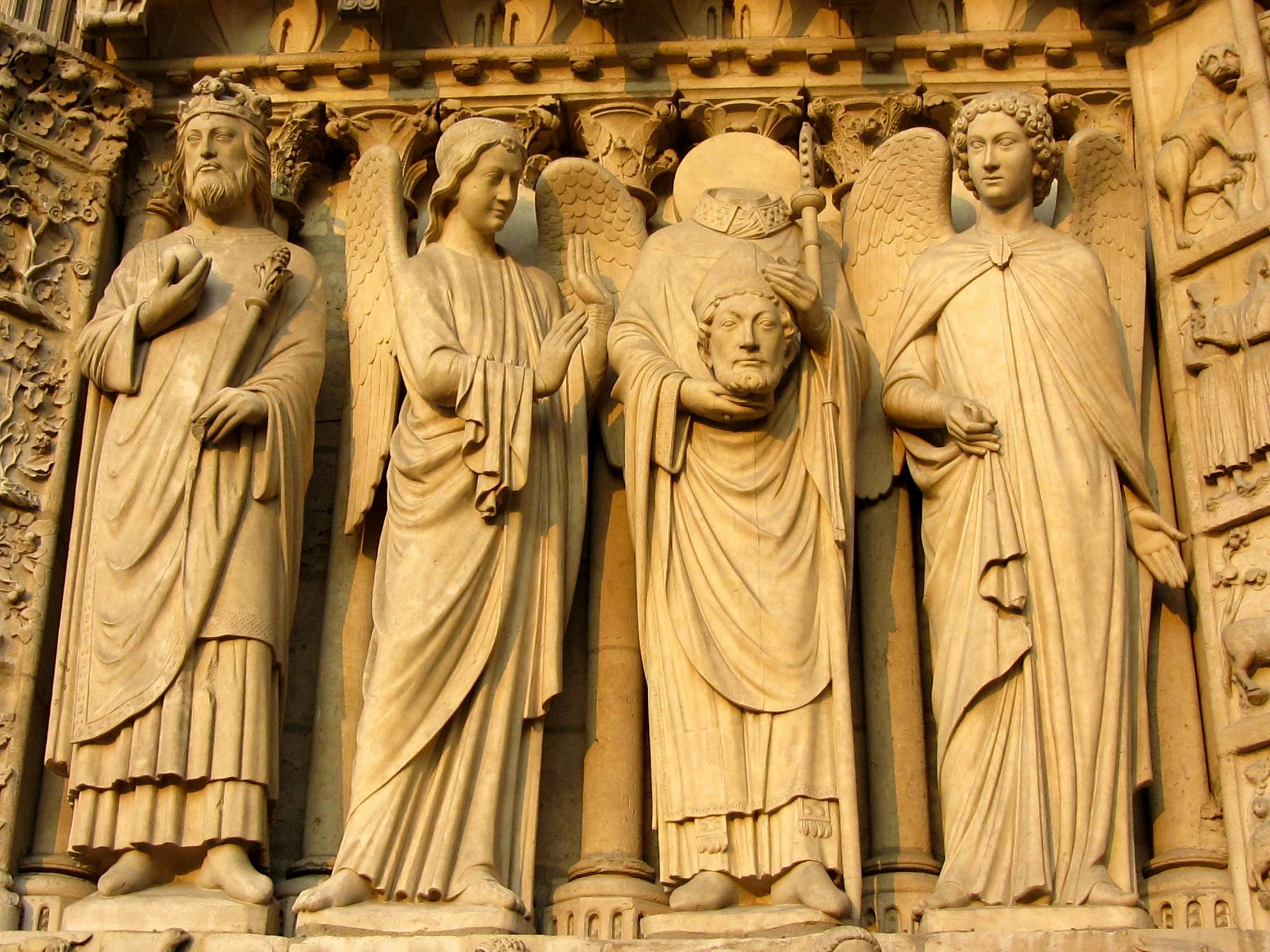 a group of statues on the side of a building, by Louis Hersent, flickr, npc with a saint's halo, cathedrals, thumbnail, wearing brown robes