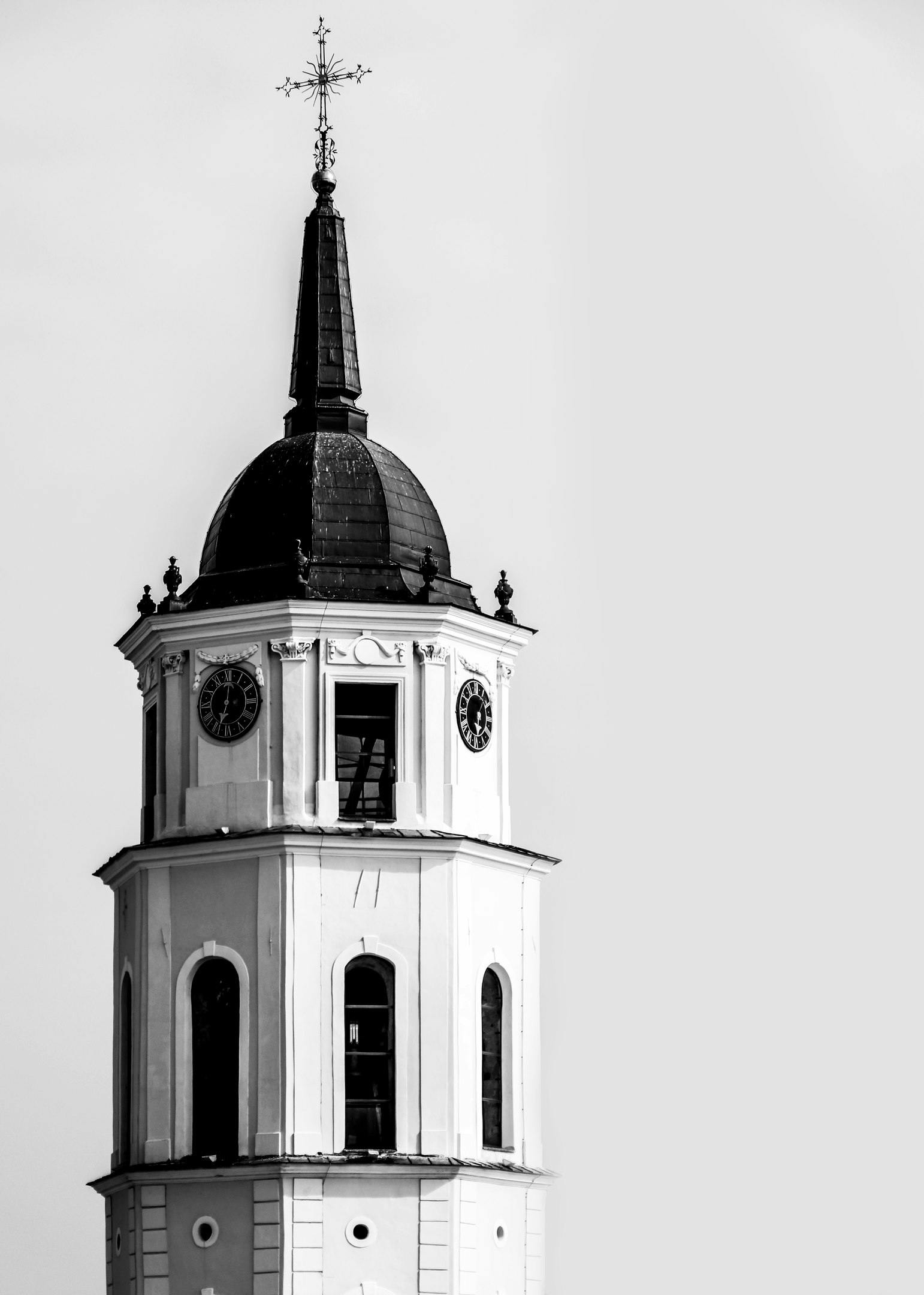 a black and white photo of a clock tower, by Sven Erixson, unsplash contest winner, ukraine. professional photo, square, white church background, tall hat