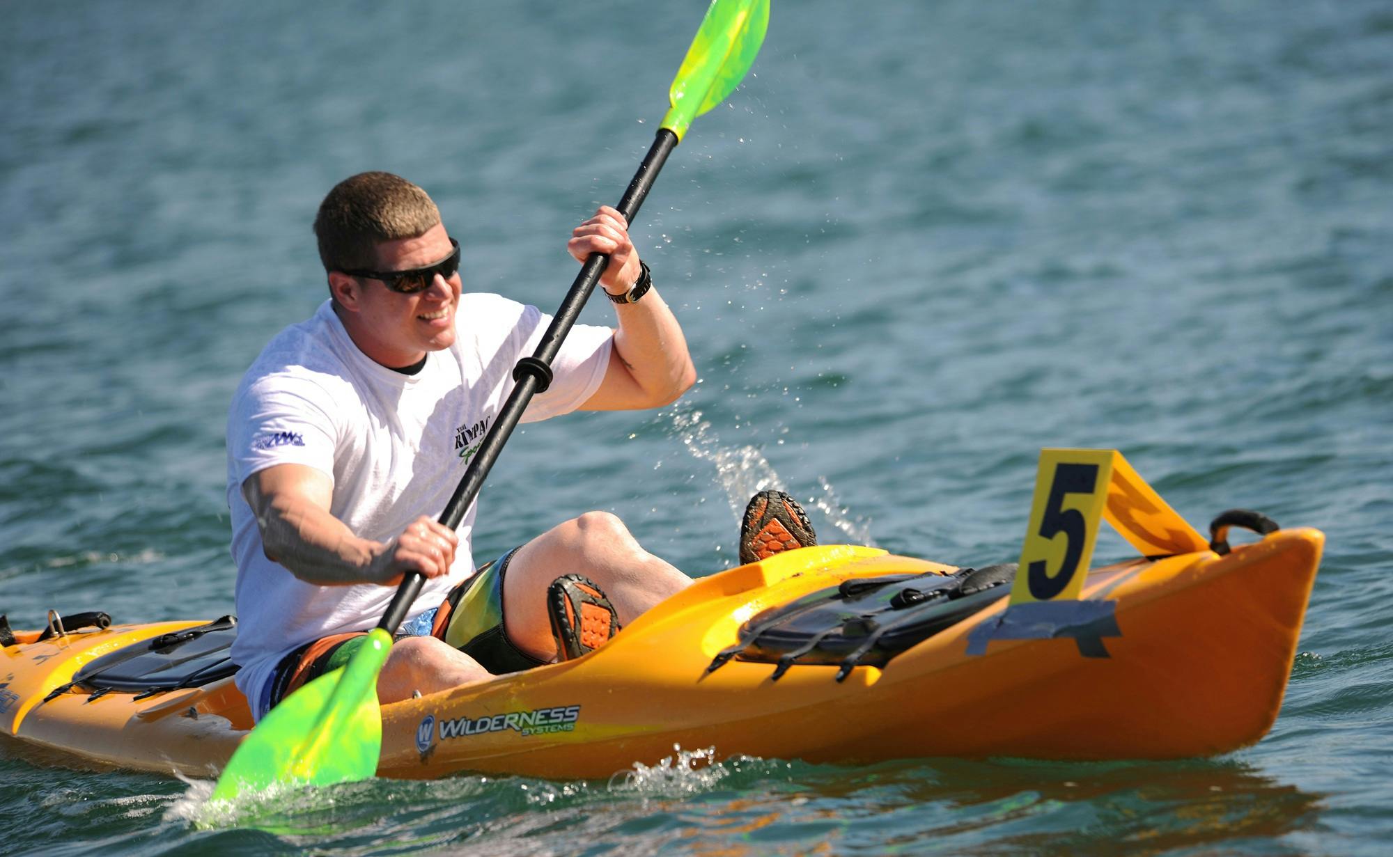 a man with sunglasses on in a kayak