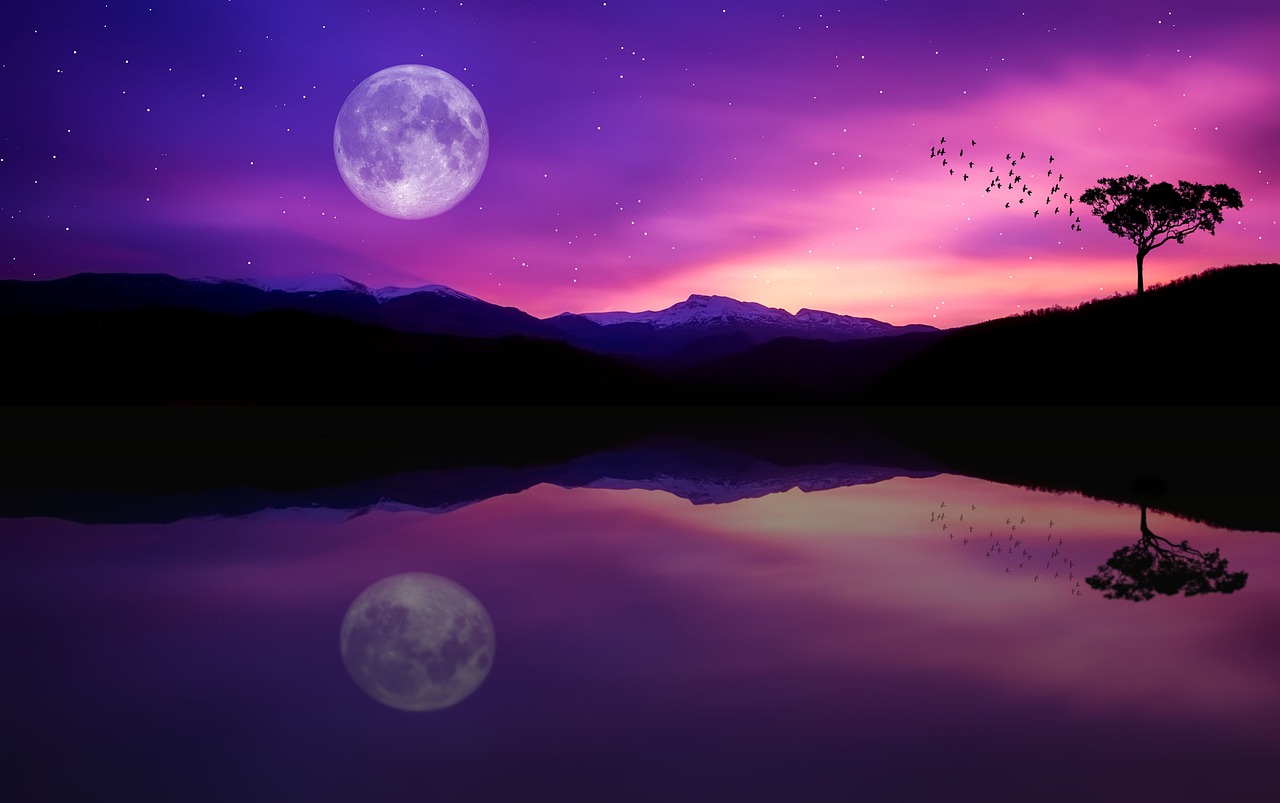a purple sky with a full moon reflecting in the water, romanticism, beatiful mountain background, made with photoshop, nature photo, moonwalker photo