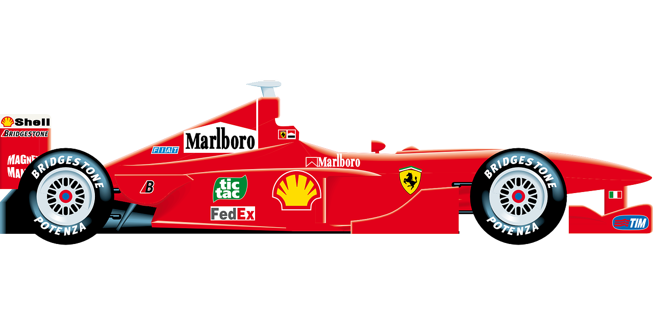 a close up of a racing car on a white background, vector art, inspired by Bernardo Cavallino, shutterstock, ferrari logo on it's chest, from 2001, shell, side-view
