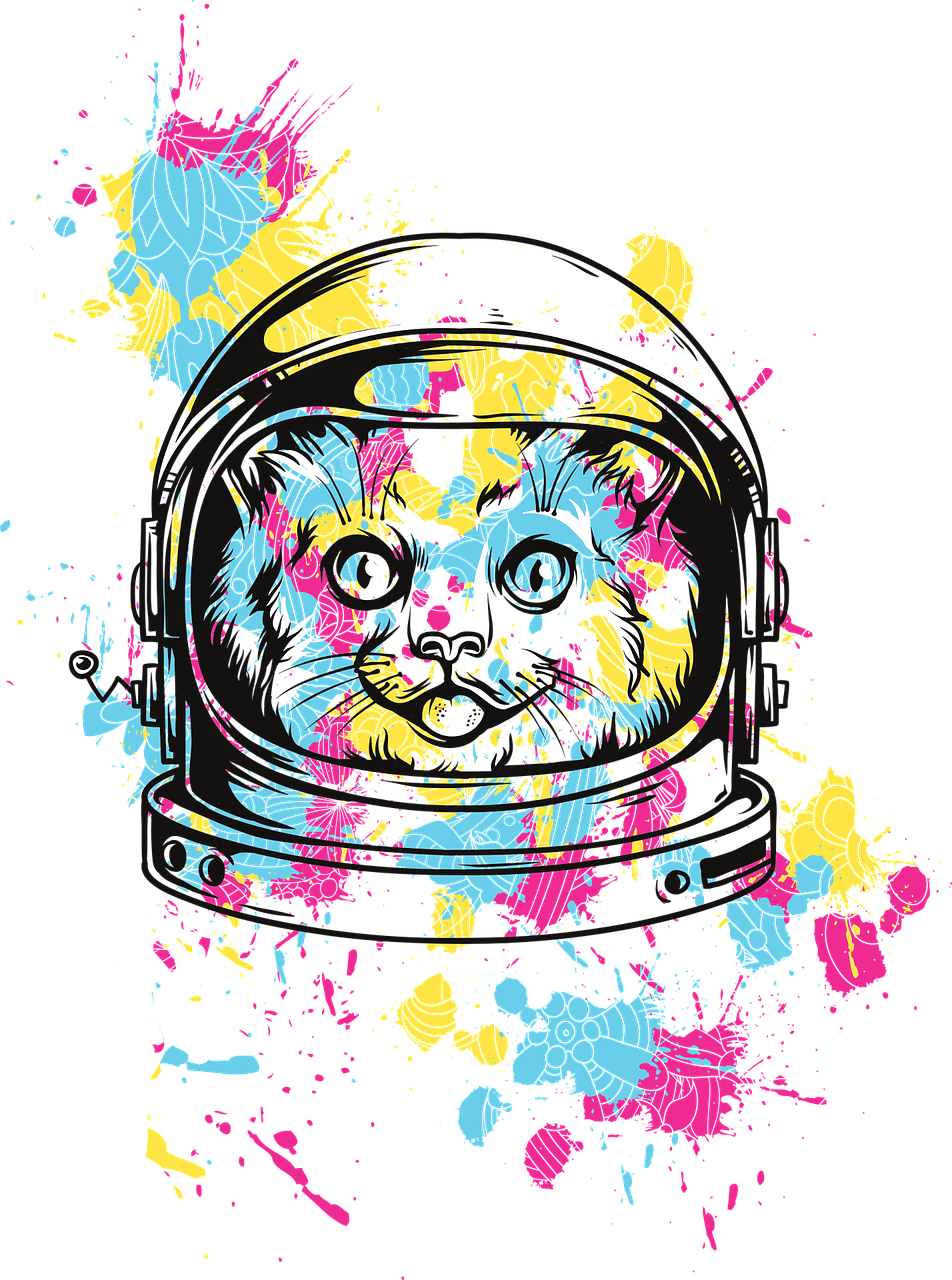 a cat in an astronaut's helmet with paint splatters, vector art, inspired by Lisa Frank, high contrast illustration, mascot illustration, shirt design, hypervivid intense mcbess
