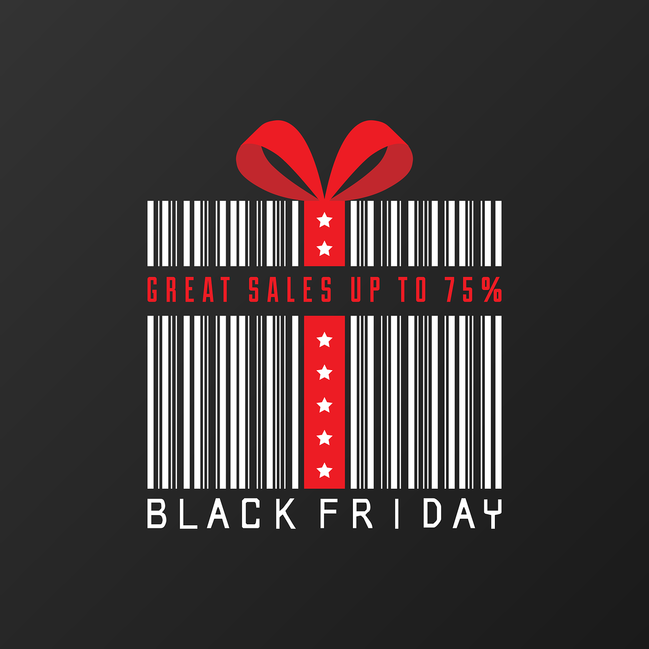 a barcode with the words black friday on it, an illustration of, art deco, red on black, presents, packshot, simple illustration