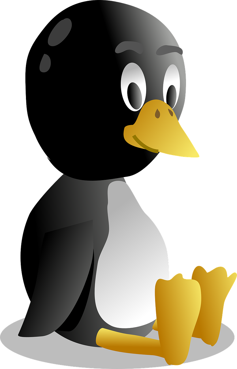 a black and white penguin sitting on the ground, an illustration of, pixabay, computer art, long thick shiny gold beak, looking smug, blender, puppet