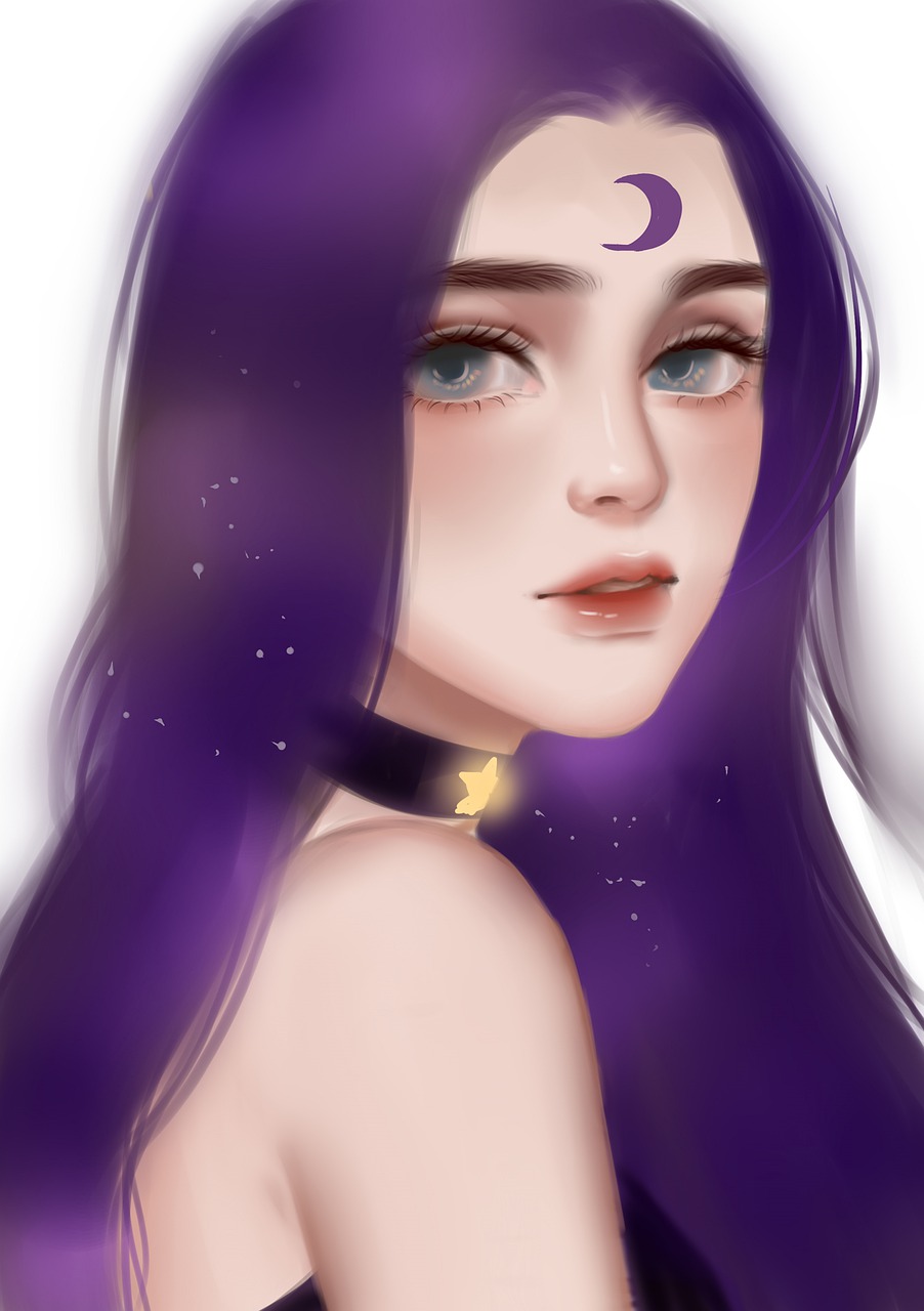 a drawing of a woman with purple hair, a digital painting, inspired by loish, tumblr, anime girl with long hair, lunar goddess, anime style. 8k, the goddess artemis smirking