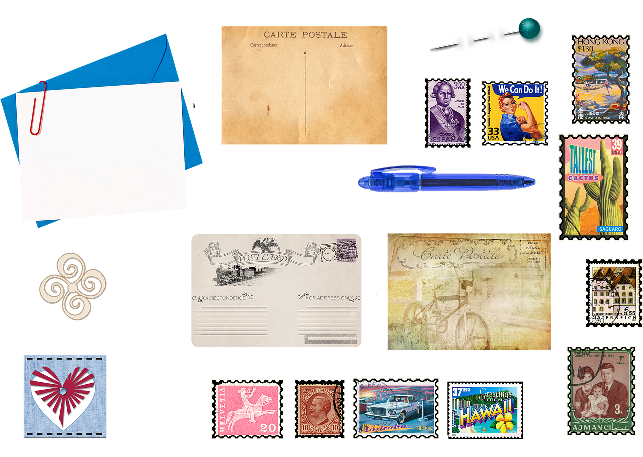a bunch of stamps sitting on top of a table, a screenshot, trending on pixabay, mail art, a mid-century modern collage, on black background, blue, product introduction photo