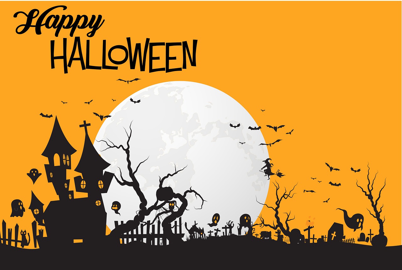 a halloween scene with a full moon in the background, a cartoon, by Ingrida Kadaka, shutterstock, banner, tourism, modern, bw