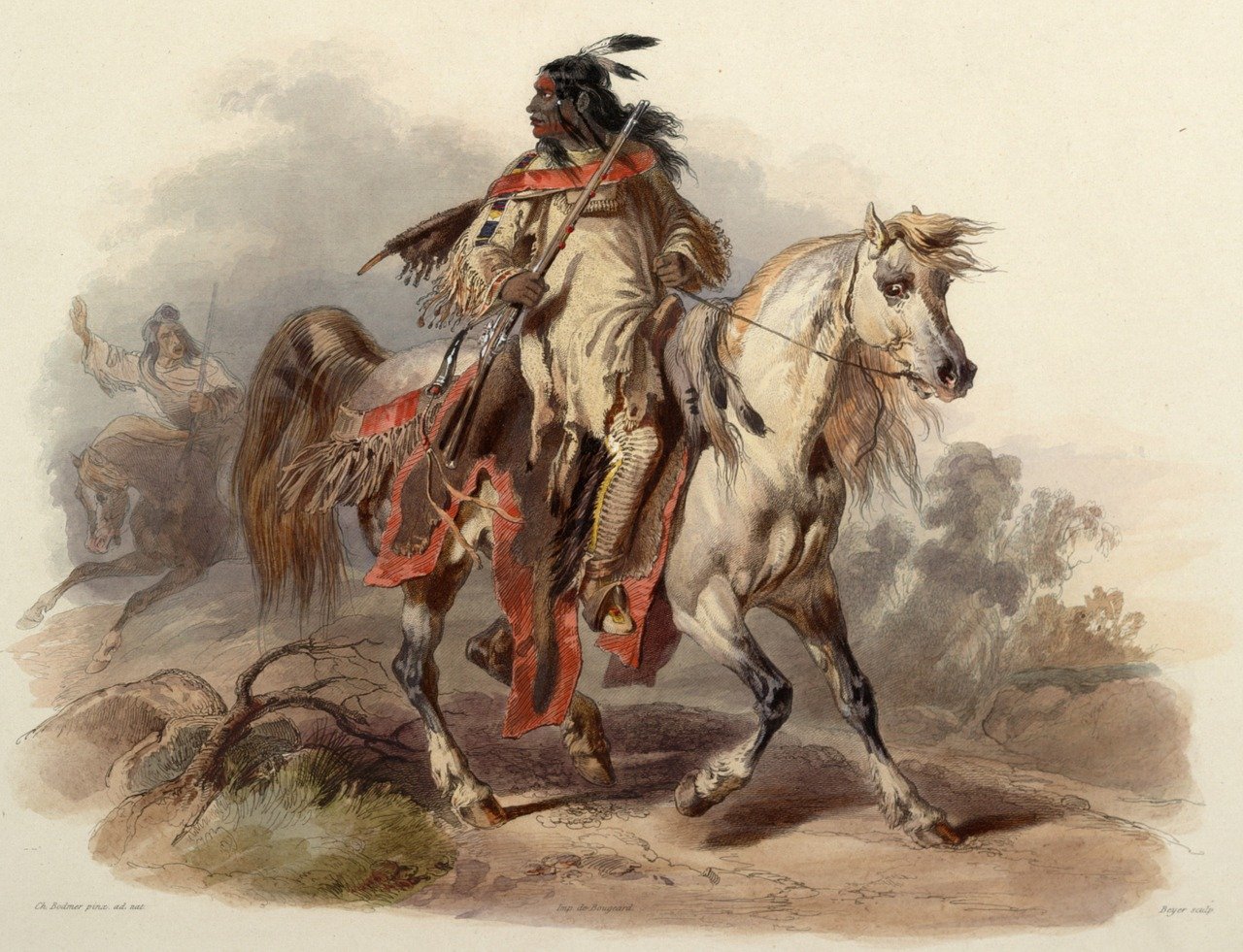 a man riding on the back of a white horse, an illustration of, by Karl Bodmer, tumblr, portrait of pocahontas, bright scene, portrait of a warrior, hildebrandt