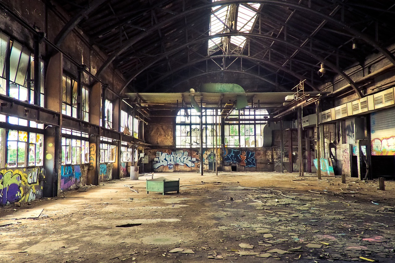 a large room with lots of graffiti on the walls, flickr, kodakchrome : : 8 k, nature taking over, dingy gym, covered with liquid tar. dslr