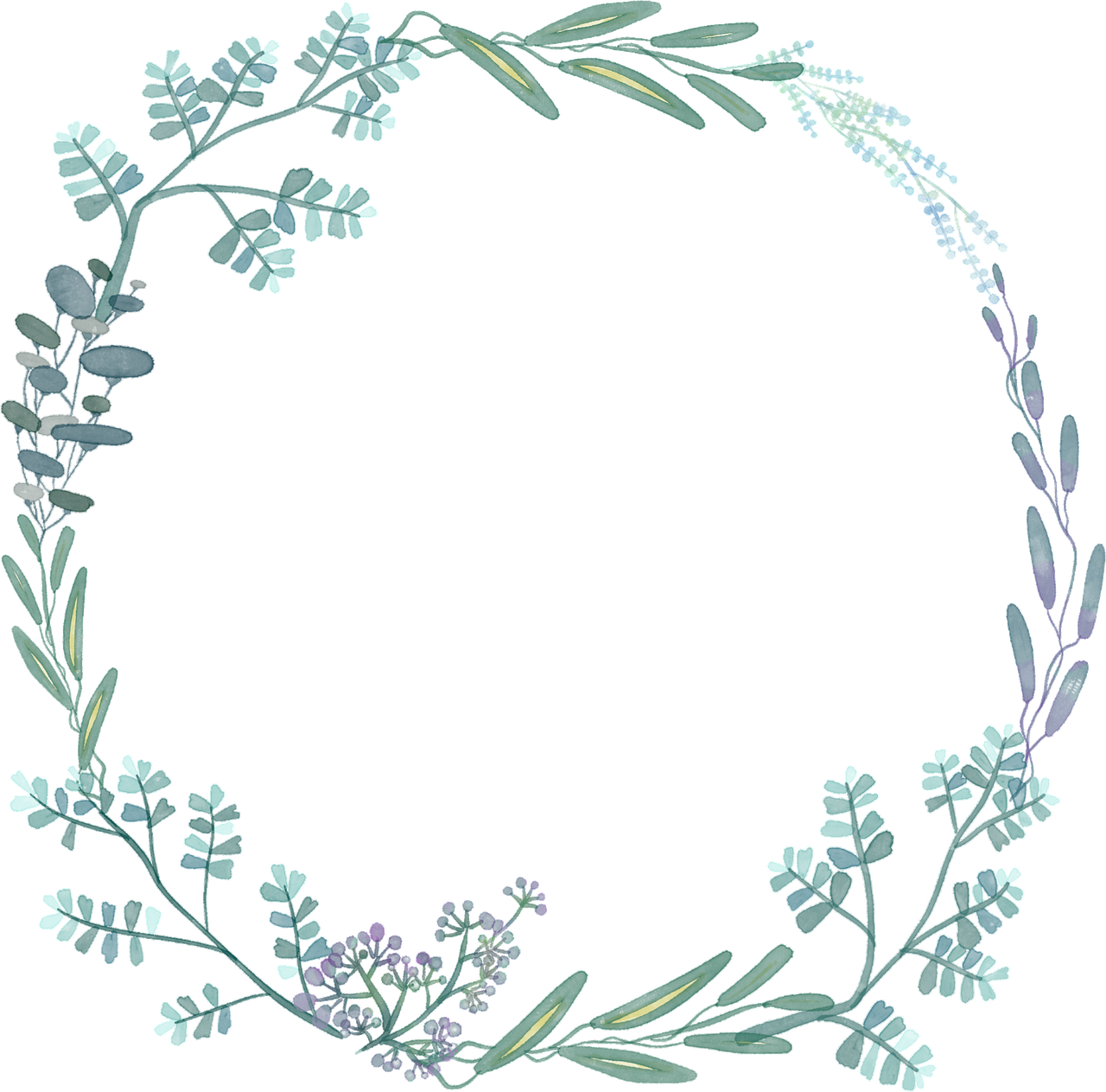 a wreath of leaves and flowers on a white background, a digital rendering, inspired by Masamitsu Ōta, soft blues and greens, embroidery, verbena, circlet