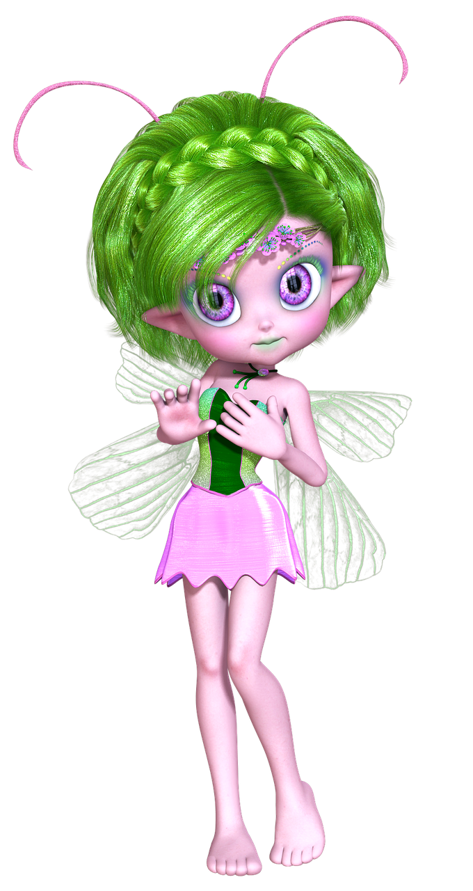 a cartoon fairy with green hair and green wings, a raytraced image, inspired by Alison Kinnaird, trending on deviantart, beautiful pink little alien girl, fbx, betty boop, with glowing purple eyes