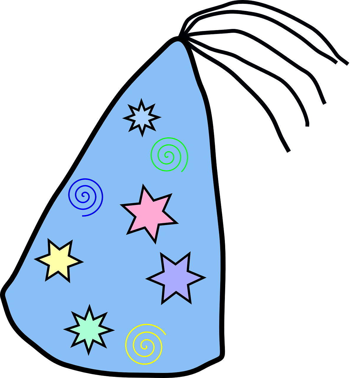 a party hat with stars and swirls on it, inspired by Alfred Manessier, hurufiyya, luminous capes, blue v2 rocket in space, !!! very coherent!!! vector art, top half of body